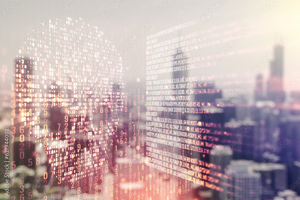 Poster abstract virtual code skull illustration on blurry skyline background. hacking and phishing concept.