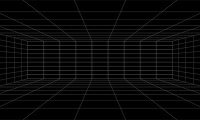 Naklejka premium Empty futuristic digital box room grey-black background with white grid space line color surface. Network cyber technology. banner, cover, terrain, sci-fi, wireframe, and related to background.Synthwa