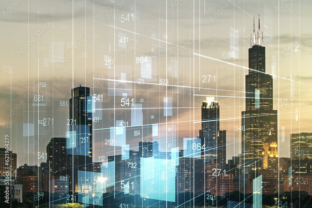 Poster multi exposure of abstract virtual graphic data spreadsheet sketch on chicago cityscape background, 