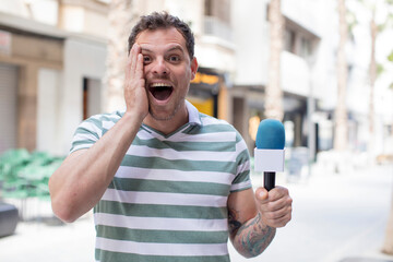 feeling happy and astonished at something unbelievable. presenter concept