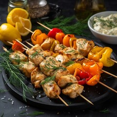 Chicken skewers with slices of sweet peppers and dill generative ai