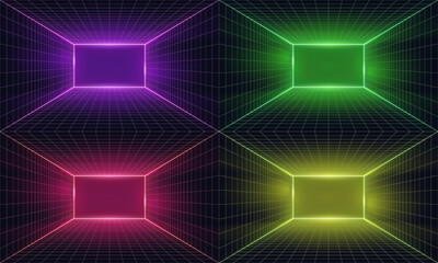 Obraz premium Empty futuristic digital box room vibrant color background with white grid space line color surface. Network cyber technology. banner, cover, terrain, sci-fi, wireframe, and related to background.