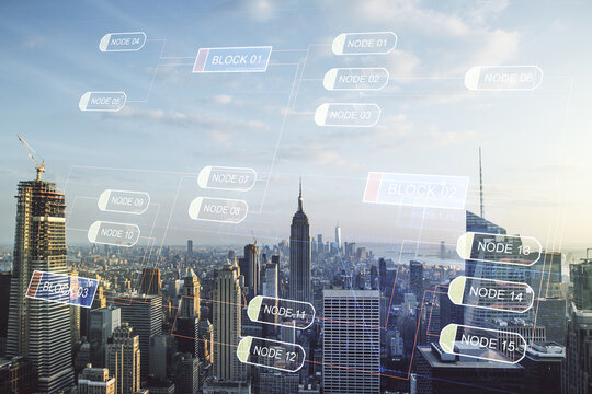 Abstract virtual coding illustration on New York cityscape background, software development concept. Multiexposure