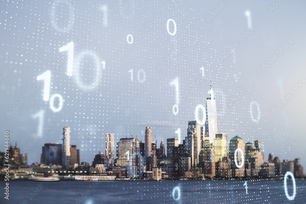 Leinwandbilder double exposure of abstract virtual binary code hologram on new york city skyscrapers background. da