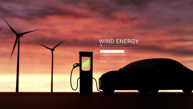 Wind turbine farm power electric vehicle charging station with beautiful sunset, Alternative sustainable green energy, eco friendly car recharge, Renewable clean resource concept 3d rendering