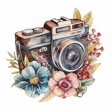 Watercolor photo camera with flowers. Sketch style illustration, hand draw, doodle, retro, vintage. Icon, logo, print, sublimation, clipart. AI generated