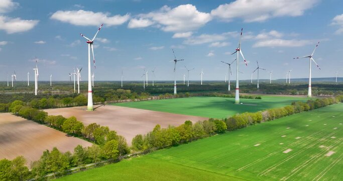 Aerial view of farmland with wind turbines, Saerbeck, Muensterland, Nordrhein-Westfalen, Germany.