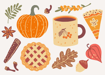Thanksgiving holiday baking, spice, pumpkin and fall plants. Autumn mood clipart. Set of vector illustrations.