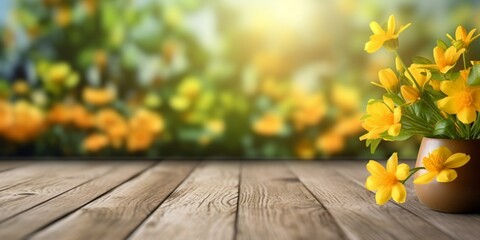 Wooden floor and blurred yellow flower background copy space. AI Generated,