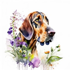 bloodhound dog wild flowers water color - obrazy, fototapety, plakaty