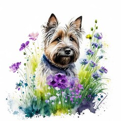 Vcairn terrier dog wild flowers water color on white background.