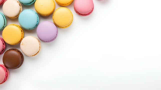 Overhead shot of colourful macaroons on white background with copyspace, suitable for website banner design. generative AI