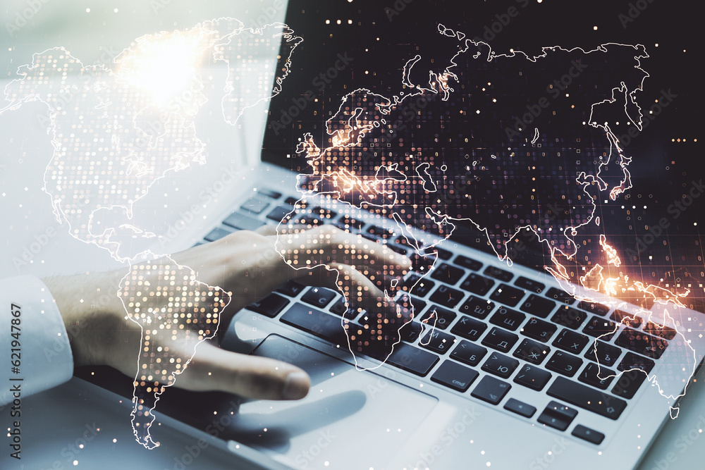 Poster double exposure of abstract digital world map and hand typing on laptop on background, big data and 