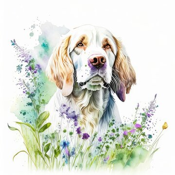 clumber spaniel dog wild flowers water color on white background.