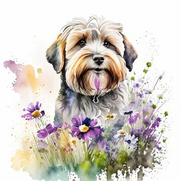 dandie dinmont terrier dog wild flowers water color on white background.
