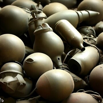 Close-Up Pile of Defused Combat Cluster Sub-munition Munitions Bombs Explosive Weapon Ground Launched / Dropped from Aircraft for Hitting Enemy Targets Dangerous Unexploded Ordnance, Smaller Explosive