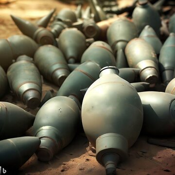 Close-Up Pile of Defused Combat Cluster Sub-munition Munitions Bombs Explosive Weapon Ground Launched / Dropped from Aircraft for Hitting Enemy Targets Dangerous Unexploded Ordnance, Smaller Explosive