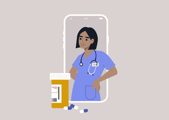 Online medical appointment for prescription drugs, a young doctor's portrait displayed on a mobile screen