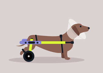 A sausage dog with moving disability wearing a plastic cone collar, healing after injury - obrazy, fototapety, plakaty