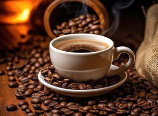 Coffee cup and coffee beans on table. Created with Generative AI technology.