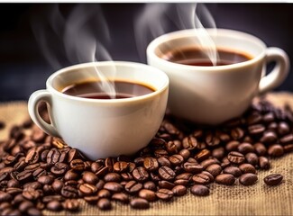 Cups of coffee and beans on blurred background. Created with Generative AI technology.