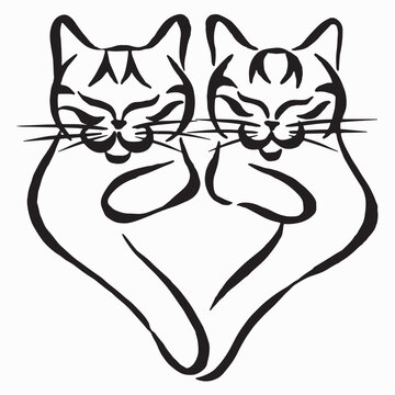 Two cats hugging black and white vector illustration isolated on white background. Hand-drawn silhouette drawing. Sketch logo. Linear drawing. Pet shop symbol. Calligraphy image. Tattoo design.