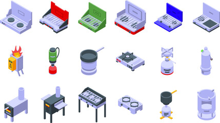 Camping stove icons set isometric vector. Cooker fuel. Stove camp