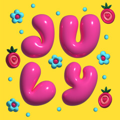 JULY colorful lettering hand drawn glossy 3D print in summer style, vector illustration 