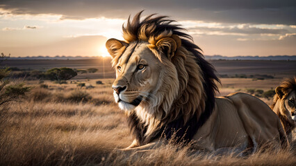 Lion resting in African savannah during sunset