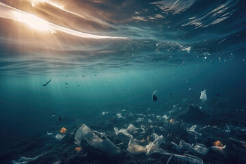 Fototapeta na wymiar World ocean. Garbage and pollution environmental disaster, plastic waste problem. generative AI 