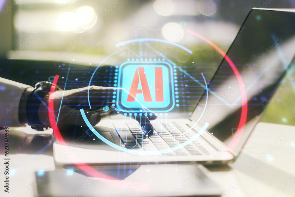 Poster double exposure of creative artificial intelligence abbreviation with hand typing on computer keyboa