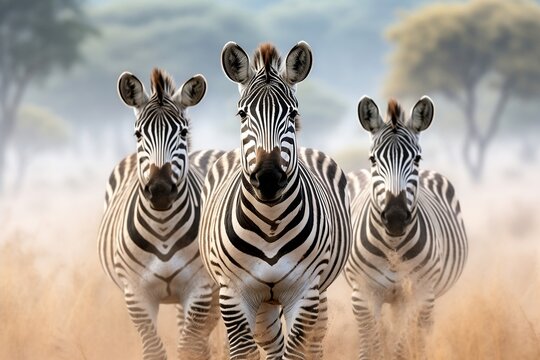 An illustration showcasing three zebras in the Serengeti National Park, Generative Ai