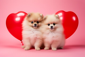 Fototapeta na wymiar two pomeranean puppies with heart shape balloons for Valentine's Day on a pink background, AI generated