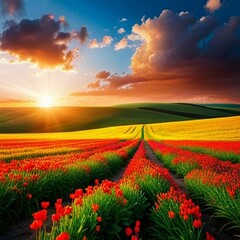 stunning sunset over a flower field, golden hour lighting and dramatic, clouds, high detail, moody atmosphere, ai generated