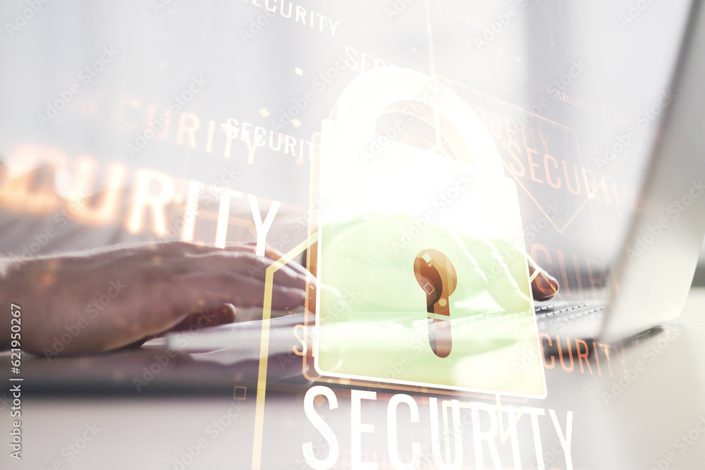 Poster double exposure of creative lock hologram with chip and hands typing on laptop on background. inform