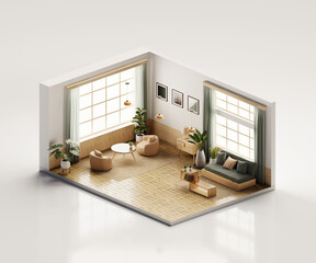 Isometric view living room muji style open inside interior architecture 3d rendering digital art