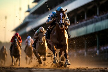 Energetic horses racing at the iconic Kentucky Derby, Generative Ai