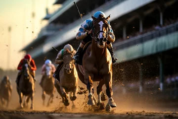 Fototapeten Energetic horses racing at the iconic Kentucky Derby, Generative Ai © Flowstudio