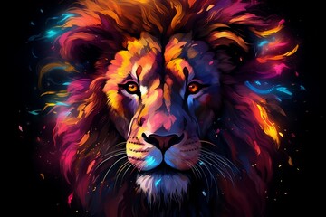 The majestic head of a lion showcased in a vibrant and multi-colored illustration, Generative Ai