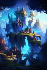 Fototapeta na wymiar Fantasy landscape and scenery idea. Whimsical mountain castle. Concept art. Artwork and design. Matte painting. Background drawing and illustration.