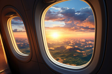 Fototapeta na wymiar Above the Clouds. Views from the airplane window in the clouds. Aerial perspective and serene travel concept. AI Generative
