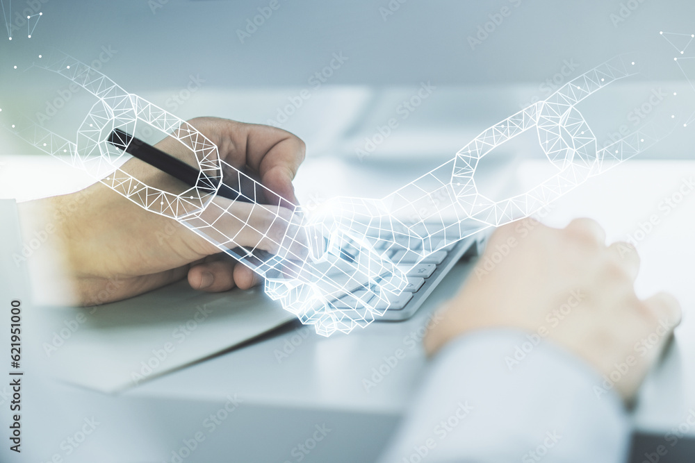 Poster creative abstract block chain technology hologram with handshake and hand writing in diary on backgr