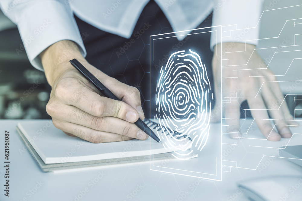 Poster Double exposure of abstract creative fingerprint hologram with hand writing in notepad on background with laptop, protection of personal information concept