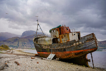 "Old boat of Caol" shipwreck in Corpach near Fort William on a moody day.	