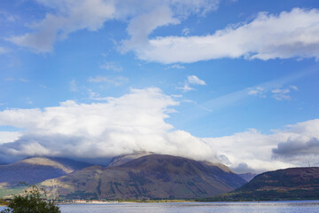 Ben Nevis mountain top seen from Corpach in Scotland. It is the highest mountain in the UK	
