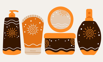 Sunscreen spray and cream clipart set. Simple vector illustrated sunblock tube.