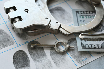 Handcuffs laying on fingerprint card with money - concept for arrest bail money 