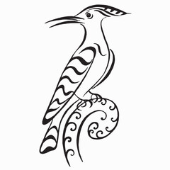 Bird vector illustration. A bird hoopoe on a branch. Stylised black and white ink illustration. Silhouette vector illustration. Linear drawing. Calligraphy image. Tattoo, logo design. 