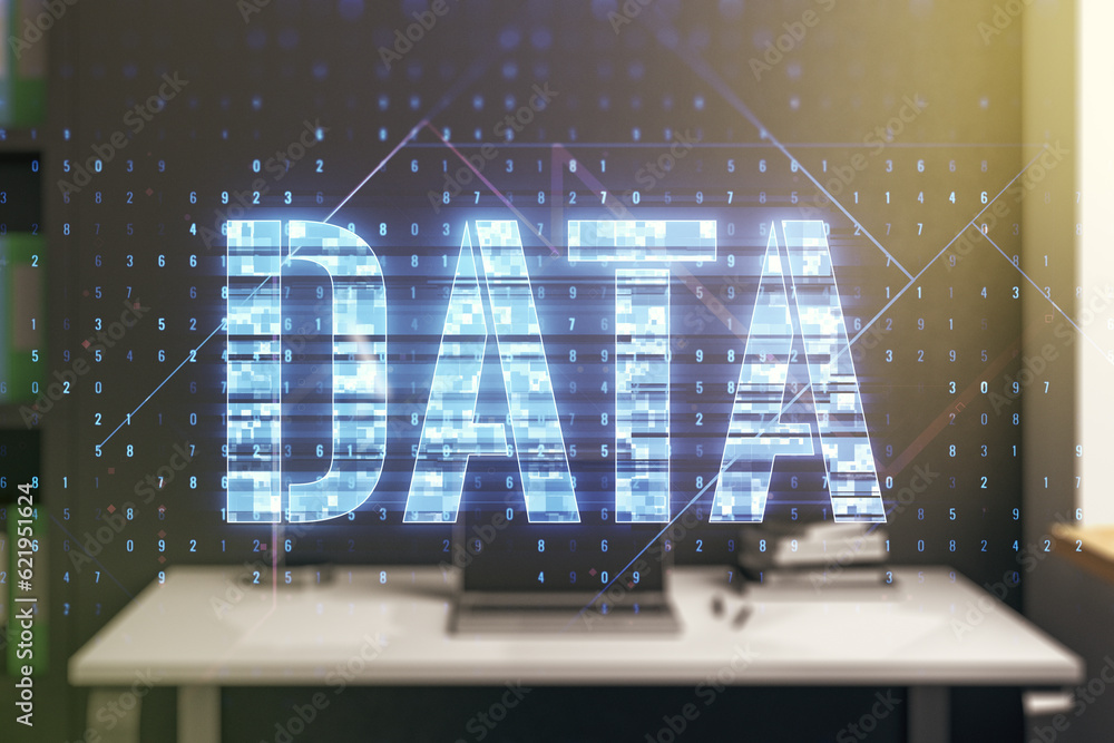 Aufkleber Creative Data word hologram and modern desk with computer on background, big data and blockchain concept. Multiexposure