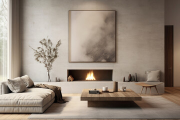 Modern living room interior with sofa and fireplace. Cozy lounge zone in house. Showcase with luxury design in real estate. Created with Generative AI